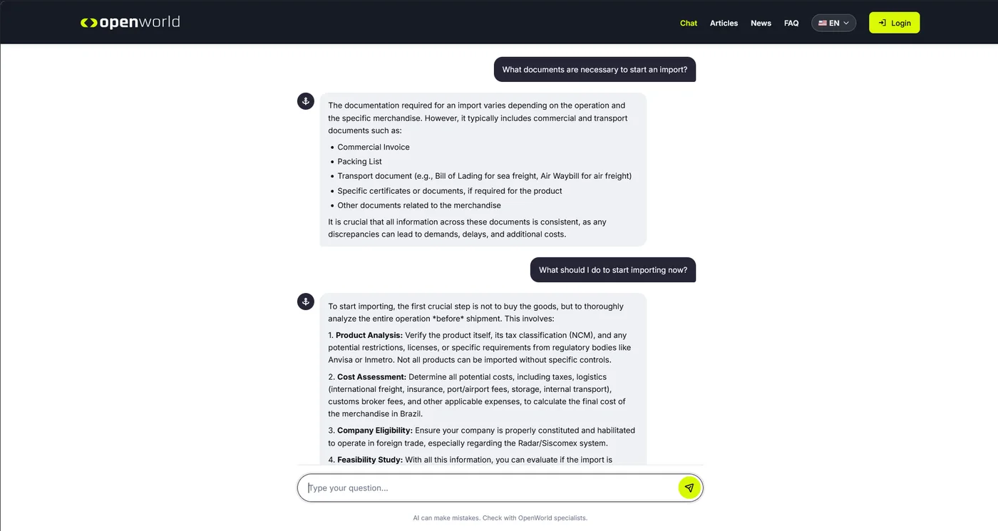 OpenWorld's AI assistant answering questions about importing in English