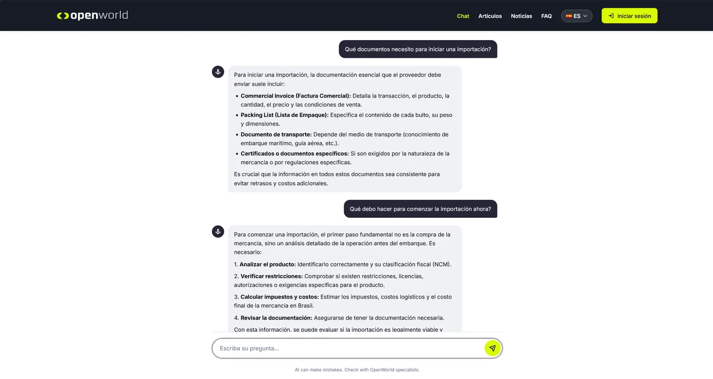 El asistente de IA de OpenWorld respondiendo preguntas sobre importación en español