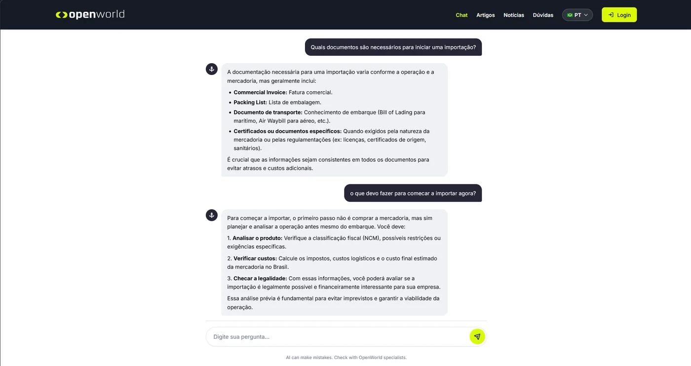 Assistente de IA da OpenWorld respondendo perguntas sobre importação em português